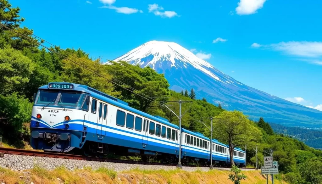 Generate an image of the Hayato no Kaze train traveling through a scenic route with Mount Sakurajima in the background.