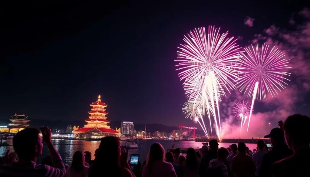 Generate an image of the Himeji Minato Maritime Fireworks Show