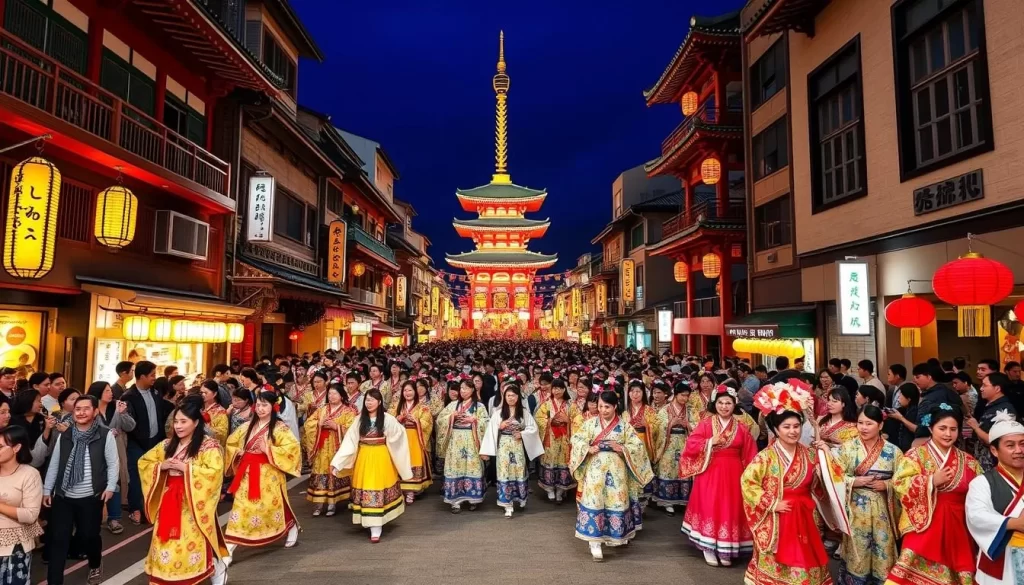 Generate an image of the Hinokuni Festival with thousands of dancers in traditional attire dancing through Kumamoto's streets.