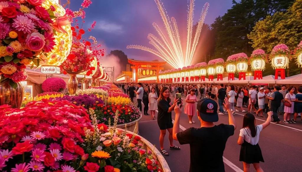Generate an image of the Hiroshima Flower Festival with vibrant floral displays and lively performances.