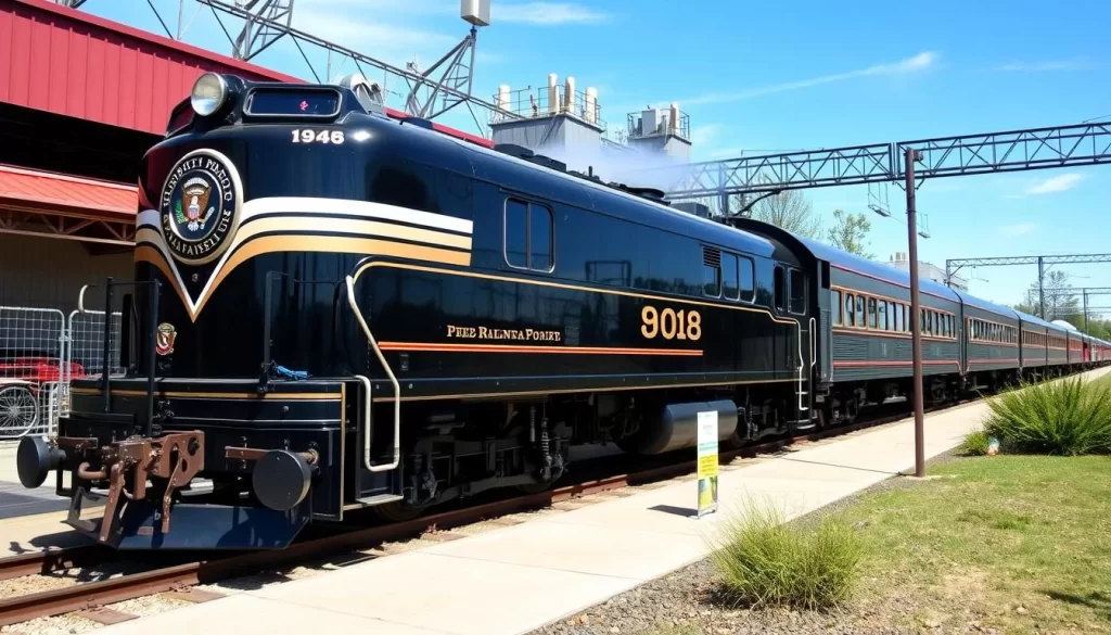 Generate an image of the Historic Railpark and Train Museum's beautifully restored railcars, including a luxurious presidential car.