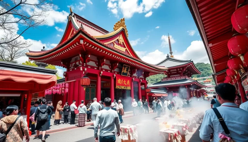 Generate an image of the Hofu Tenmangu Shrine during the Gojinkousai, capturing the vibrant atmosphere and the 'Hadakanbo' ritual.