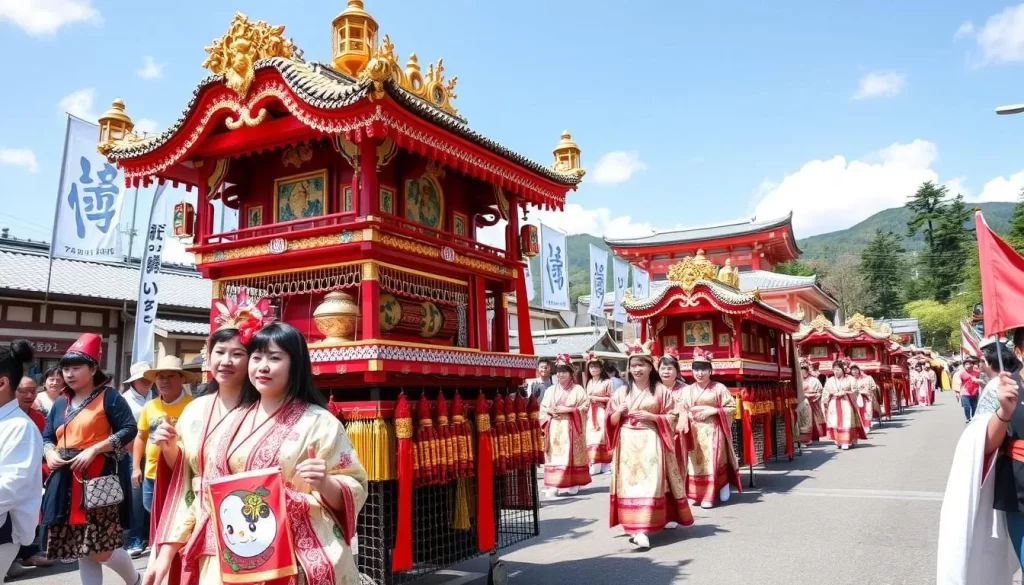 Generate an image of the Hokkaido Shrine Festival parade with participants in traditional Heian period costumes and portable shrines.