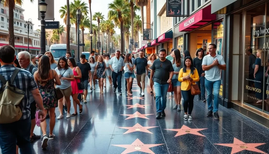 Generate an image of the Hollywood Walk of Fame with a crowded sidewalk and people looking at the stars on the ground.