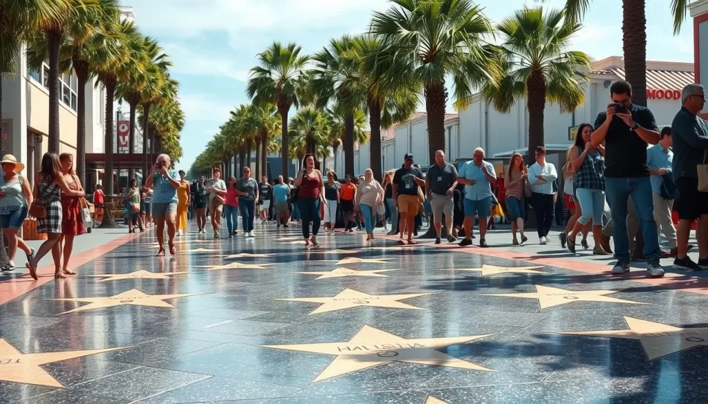 Generate an image of the Hollywood Walk of Fame with stars on the sidewalk.