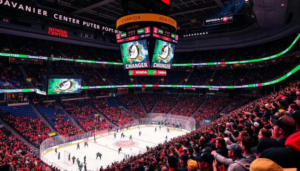 Generate an image of the Honda Center during an Anaheim Ducks game.