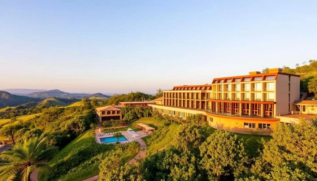 Generate an image of the Hôtel des Mille Collines in Kigali, Rwanda, showcasing its beautiful grounds and modern architecture.