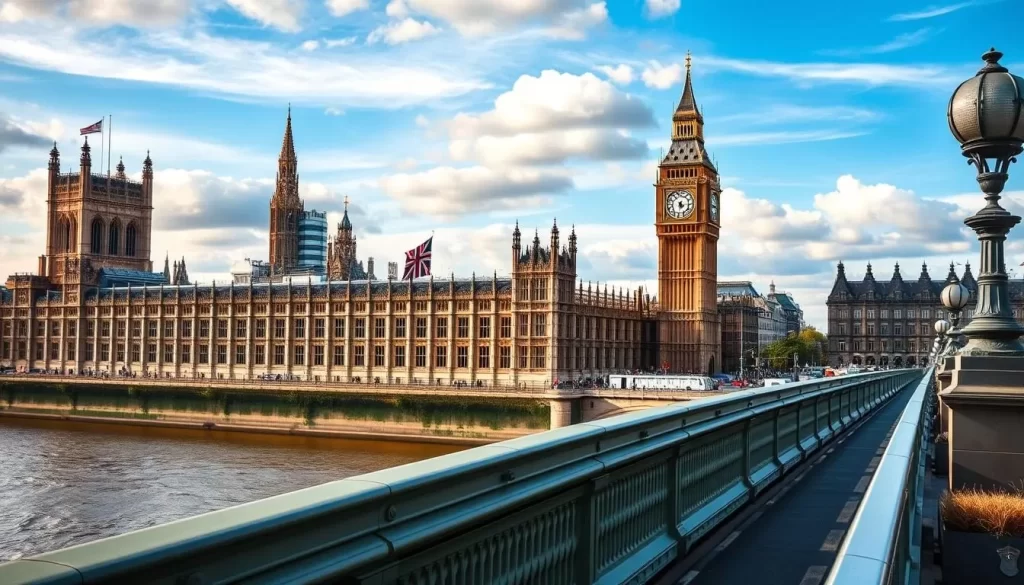 Generate an image of the Houses of Parliament and Big Ben from Westminster Bridge