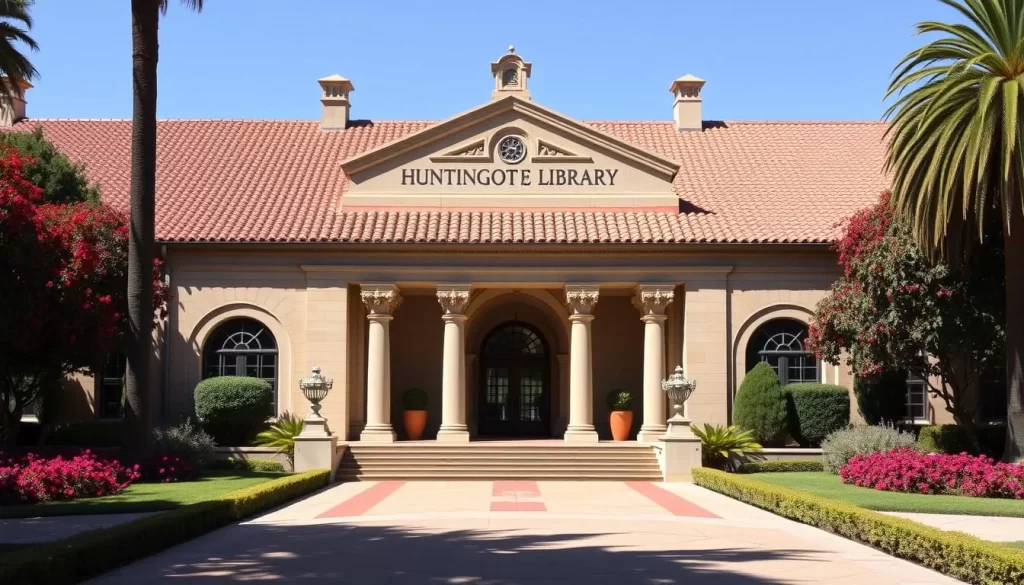 Generate an image of the Huntington Library's grand entrance