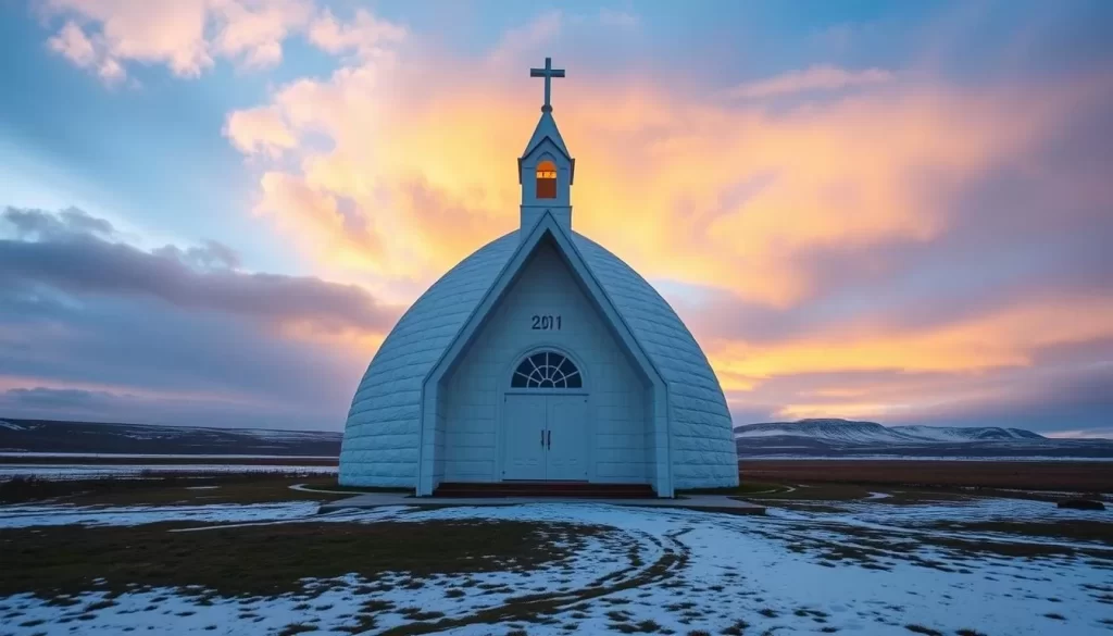 Generate an image of the Igloo Church in Inuvik, Northwest Territories, showcasing its unique architecture.