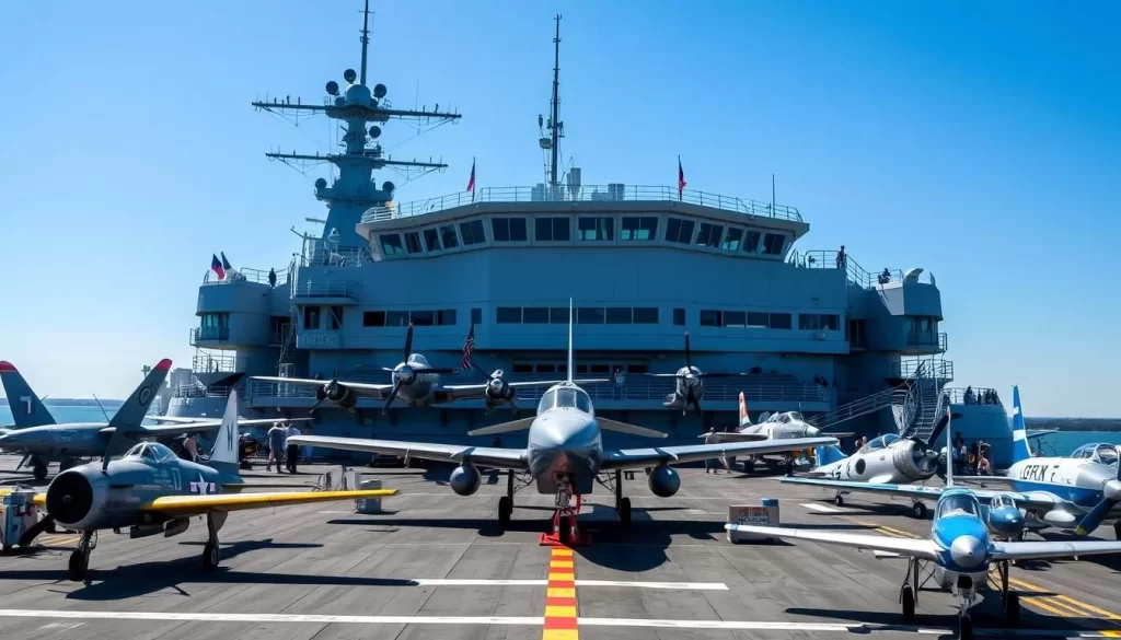 Generate an image of the Intrepid Sea, Air & Space Museum's flight deck with historic aircraft on display.