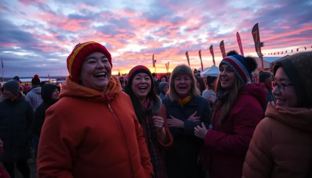 Generate an image of the Inuvik Sunrise Festival in Northwest Territories, capturing the vibrant colors and community joy.