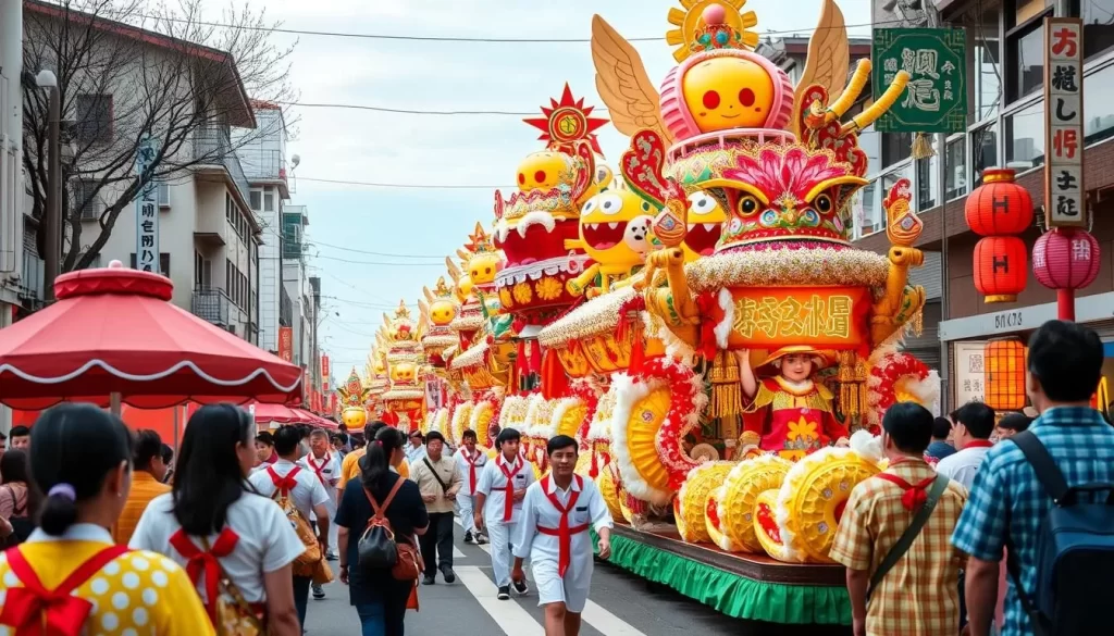 Generate an image of the Ishidori Matsuri festival in Kuwana, Japan, showcasing its vibrant floats and energetic participants.