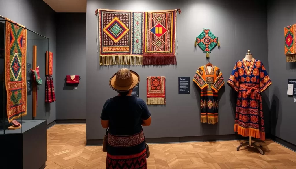 Generate an image of the Ixchel Museum's display of vibrant Mayan textiles and traditional clothing.