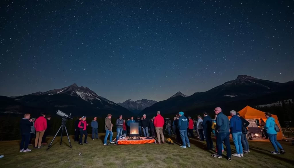 Generate an image of the Jasper Dark Sky Festival with stargazers and astronomers gathered around telescopes in the Canadian Rockies.