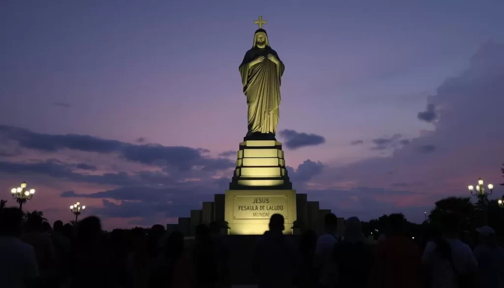 Generate an image of the Jesus El Salvador del Mundo Monument at dusk, with the statue illuminated and people gathered around.