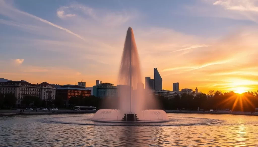 Generate an image of the Jet d'Eau in Geneva, Switzerland, with the city skyline in the background.