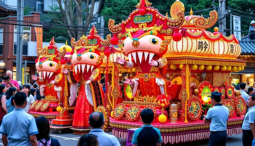Generate an image of the Johana Hikiyama Festival floats with performers.