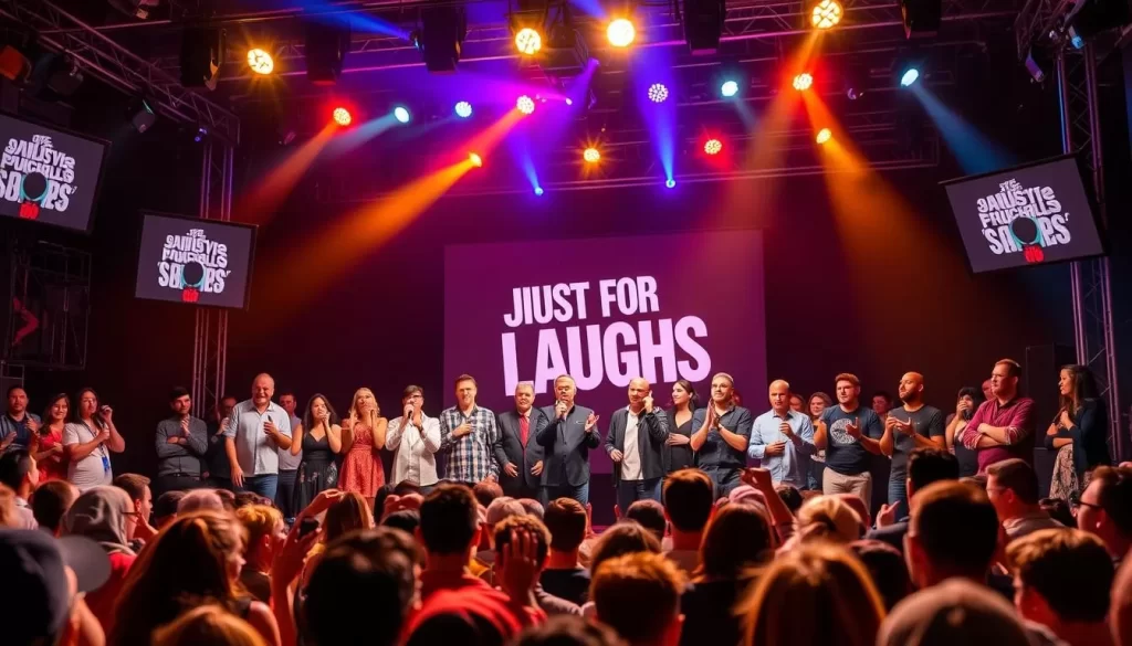 Generate an image of the Just For Laughs Montreal festival, showcasing comedians performing on stage.
