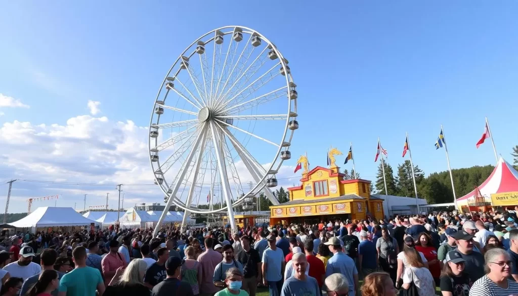 Generate an image of the K-Days festival grounds in Edmonton, featuring a large Ferris wheel and crowds of people.