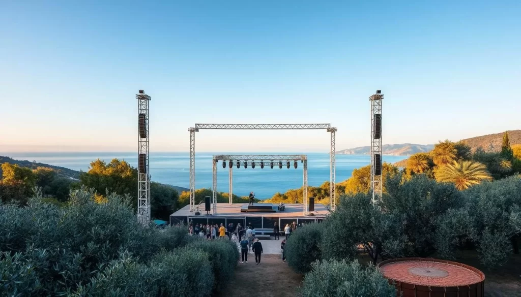 Generate an image of the Kala Festival stages nestled between olive groves overlooking the Ionian Sea.