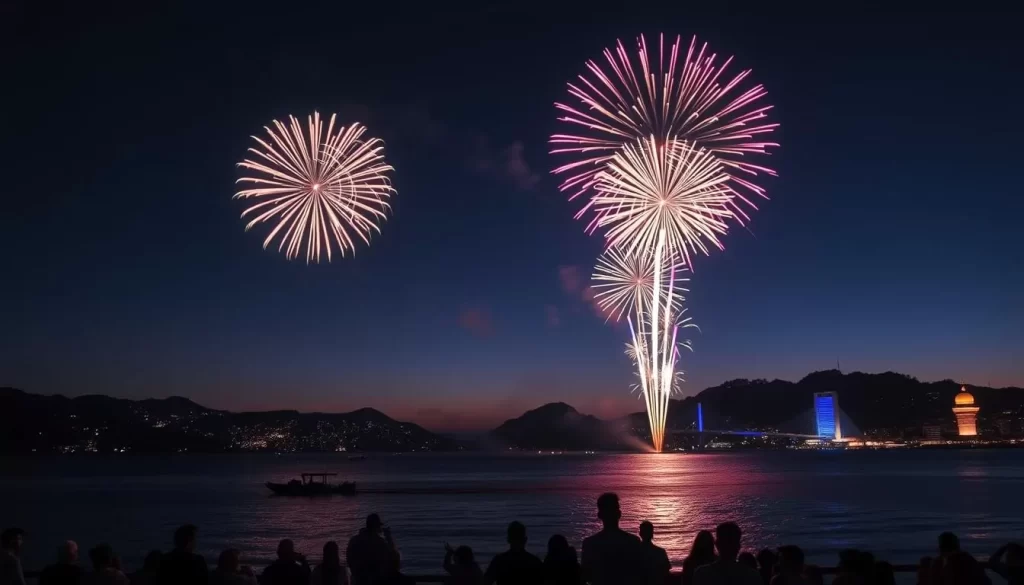 Generate an image of the Kanmon Kaikyo Fireworks Festival at dusk with fireworks illuminating the sky.
