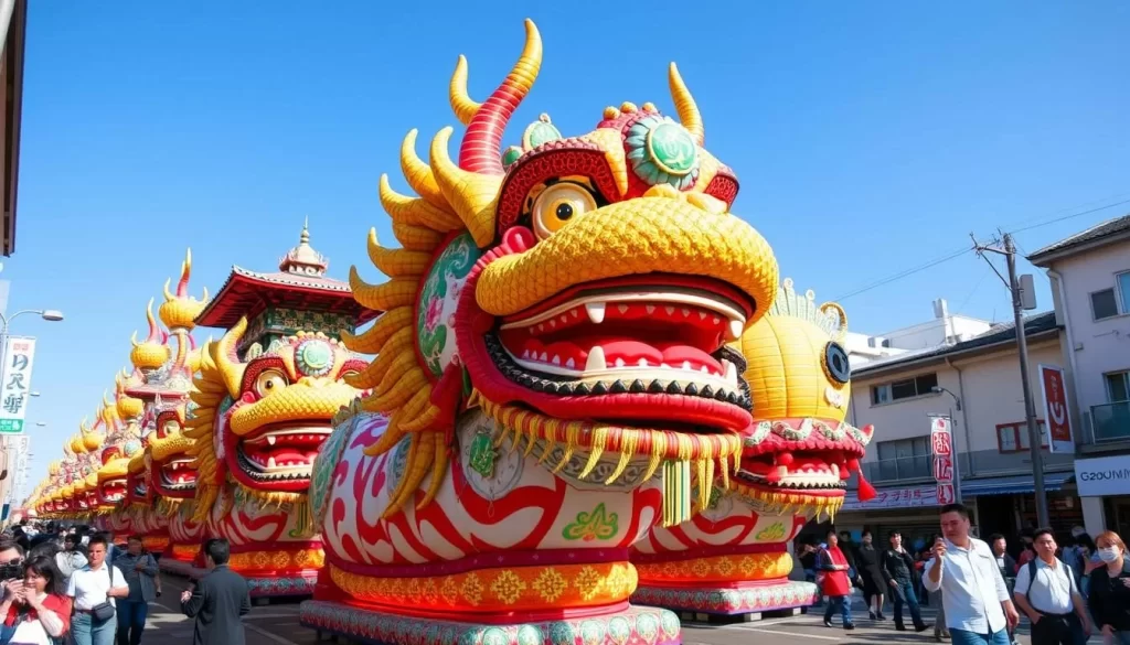 Generate an image of the Karatsu Kunchi Festival's magnificent hikiyama floats parading through the streets of Karatsu.