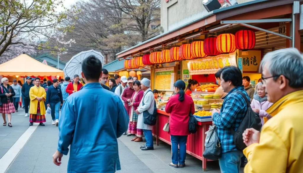 Generate an image of the Karatsu Spring Festival, showcasing traditional performances and local food.