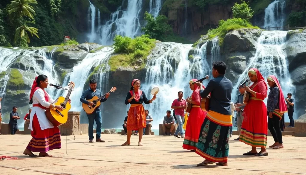 Generate an image of the Karera Festival near the picturesque Karera Waterfalls, featuring local artists performing folk music and traditional dances.