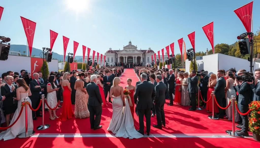 Generate an image of the Karlovy Vary International Film Festival red carpet with filmmakers and attendees.