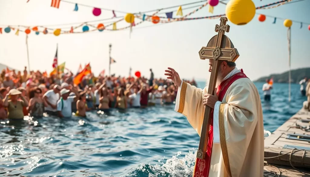 Generate an image of the Kataklysmos Festival with a priest throwing a cross into the sea and people enjoying music and dancing.