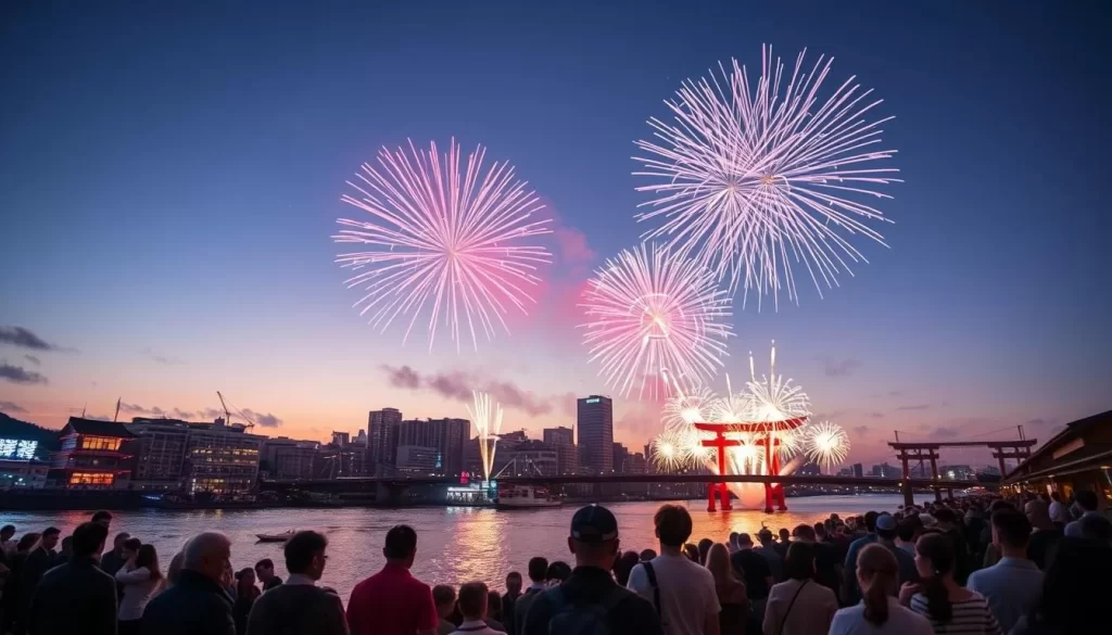Generate an image of the Katsushika Noryo Fireworks Festival at dusk, with a crowd of people watching the fireworks display over the Edo River.