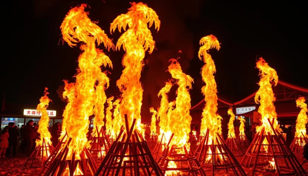 Generate an image of the Katsuyama Sagicho Festival's Dondo-yaki bonfires.