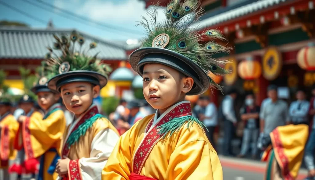 Generate an image of the Kenketo Odori dance performance, highlighting the boys in traditional attire with peacock feathers.