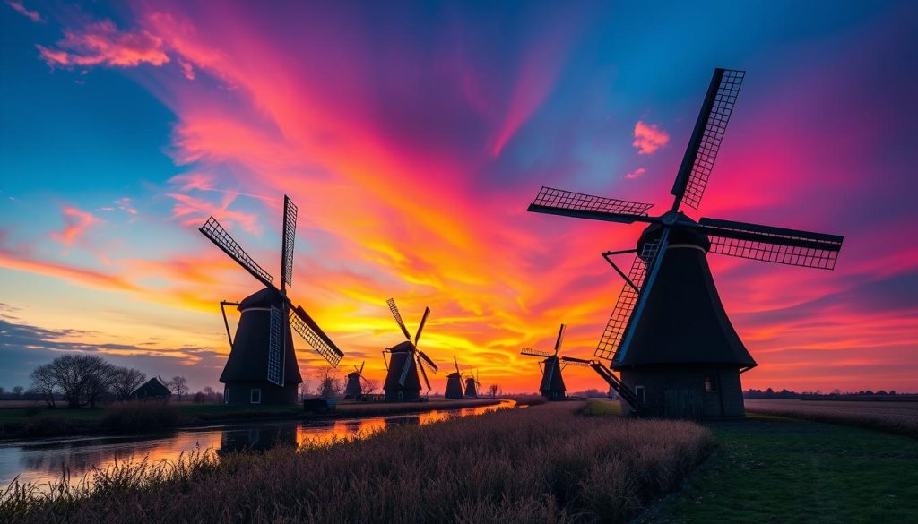 Generate an image of the Kinderdijk windmills at sunset, with the windmills standing tall against a vibrant sky.