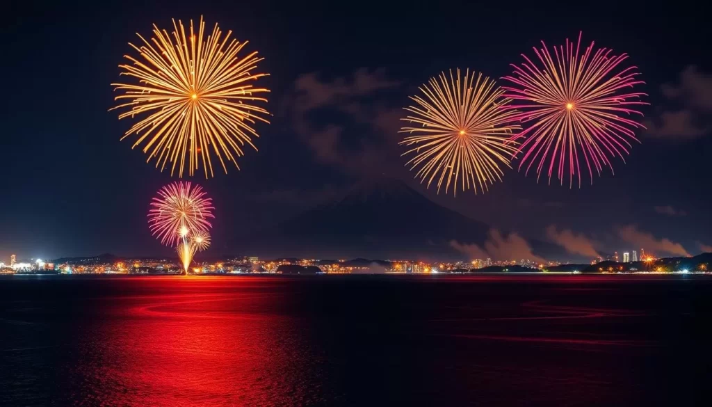 Generate an image of the Kinko Bay Summer Night Fireworks Display with 150,000 fireworks illuminating the night sky, reflected in the waters of Kinko Bay, with Sakurajima volcano in the background.