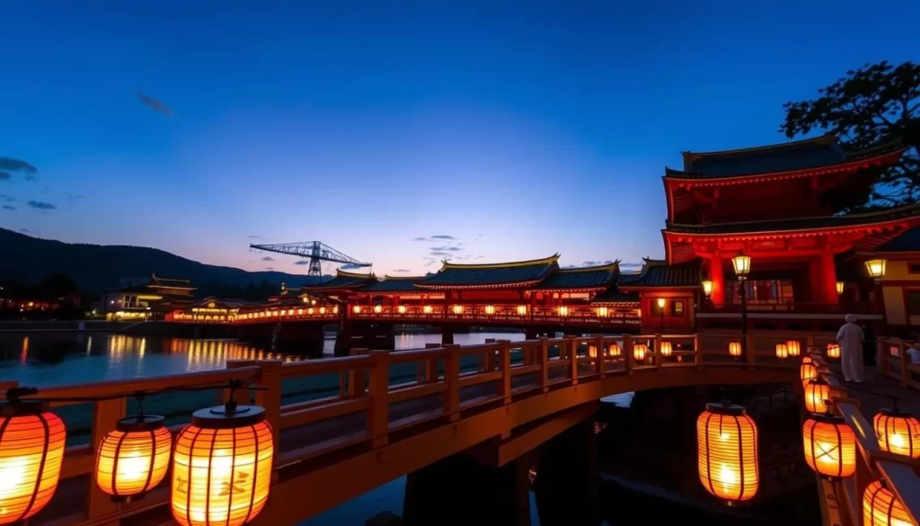 Generate an image of the Kintaikyo Bridge illuminated with traditional lanterns during the evening.
