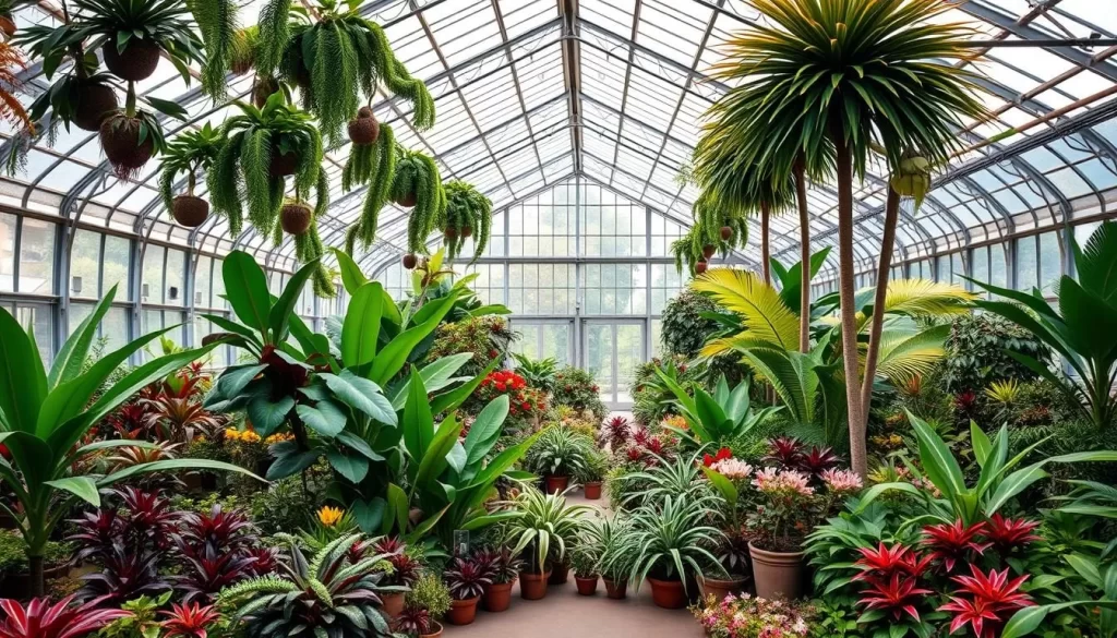 Generate an image of the Kōchi Prefectural Makino Botanical Garden's expansive greenhouse with over 3,000 types of tropical plants.