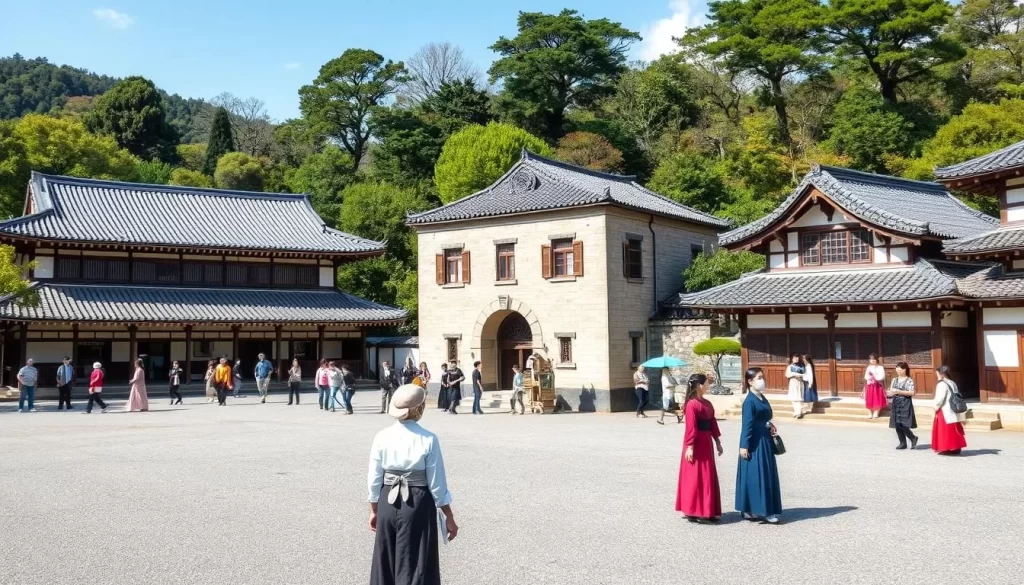 Generate an image of the Kofu City History Park with reconstructed historical buildings and people in traditional attire.