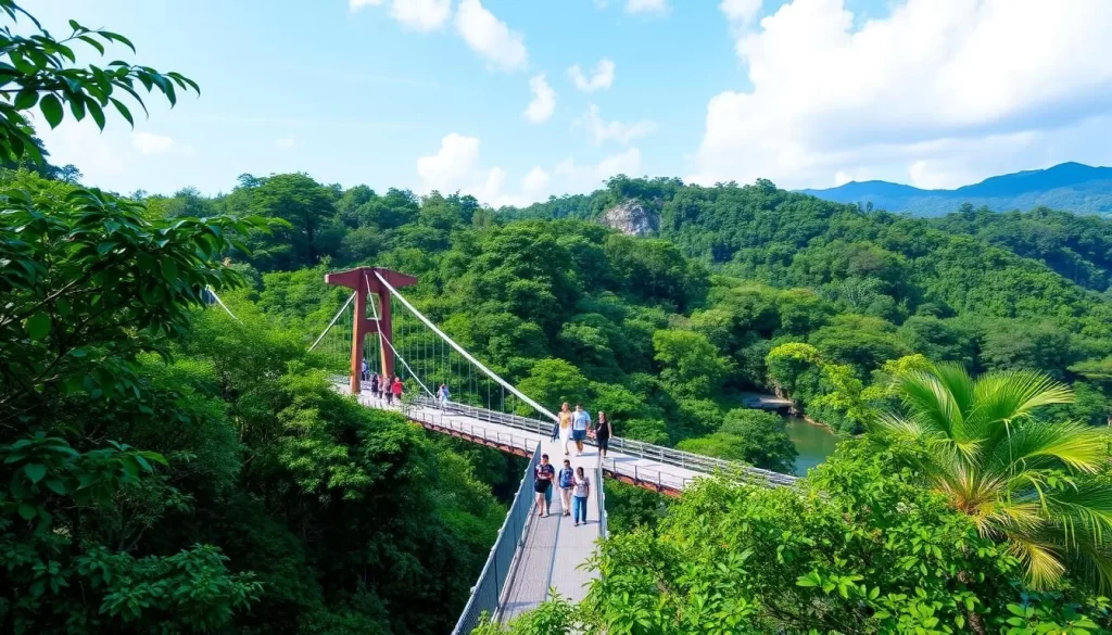 Generate an image of the Kokonoe "Yume" Suspension Bridge with people walking across it, surrounded by lush greenery and a serene landscape.