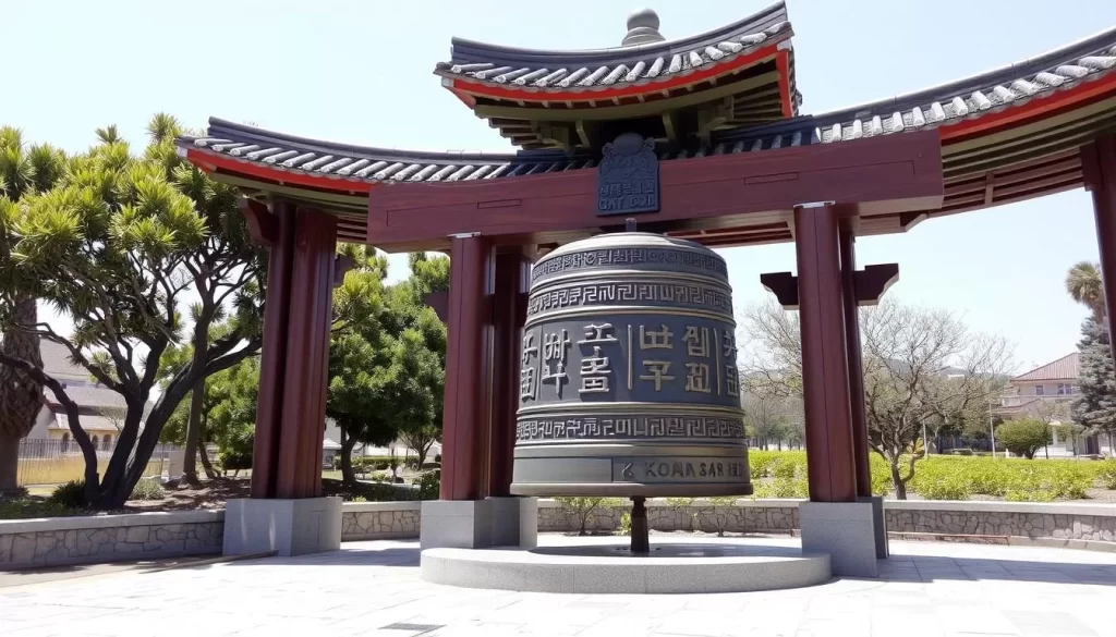 Generate an image of the Korean Bell of Friendship in Angels Gate Park, San Pedro.