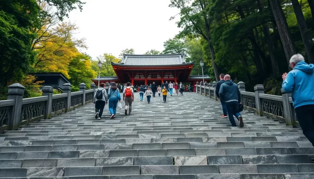 Generate an image of the Kotohira-gu Shrine's stone steps, with visitors ascending towards the sacred site.
