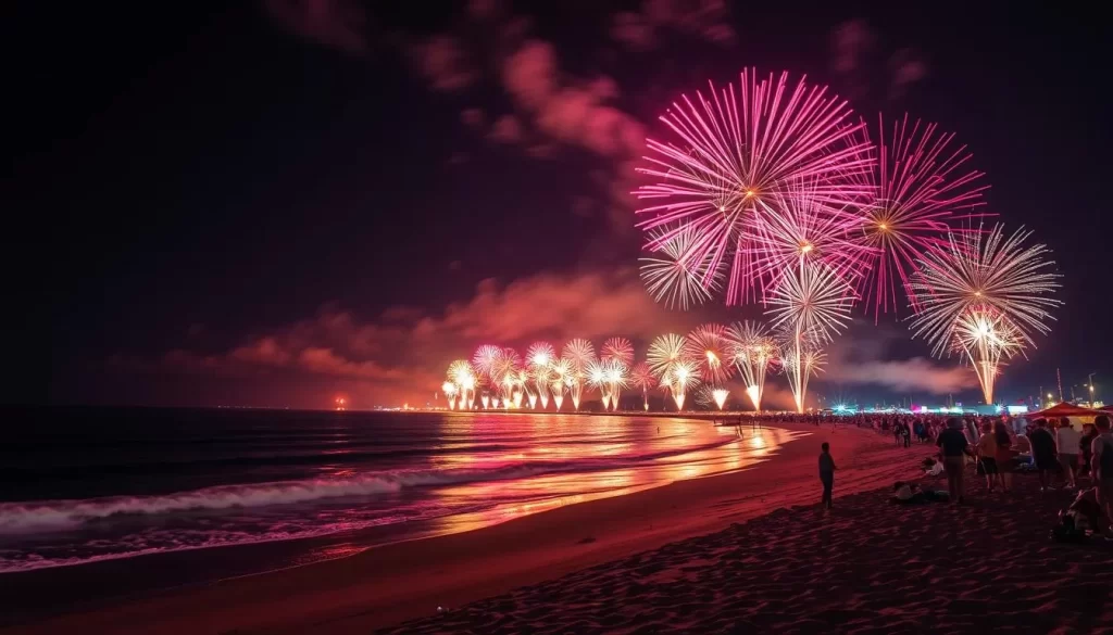 Generate an image of the Kumano Fireworks Festival at Shichirimihama Beach