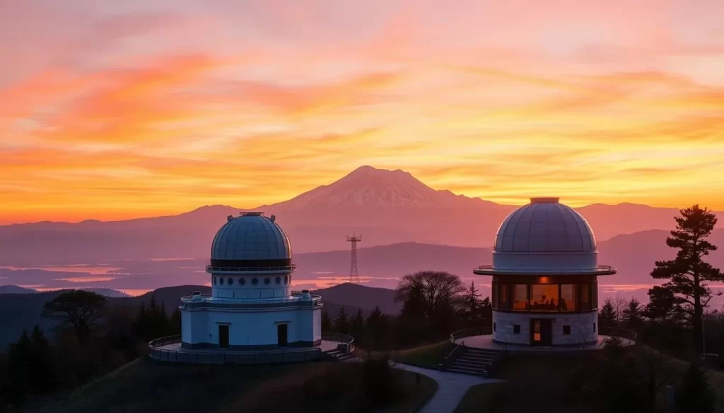 Generate an image of the Kurehayama Park Observatory at sunset with the Japan Alps in the background.