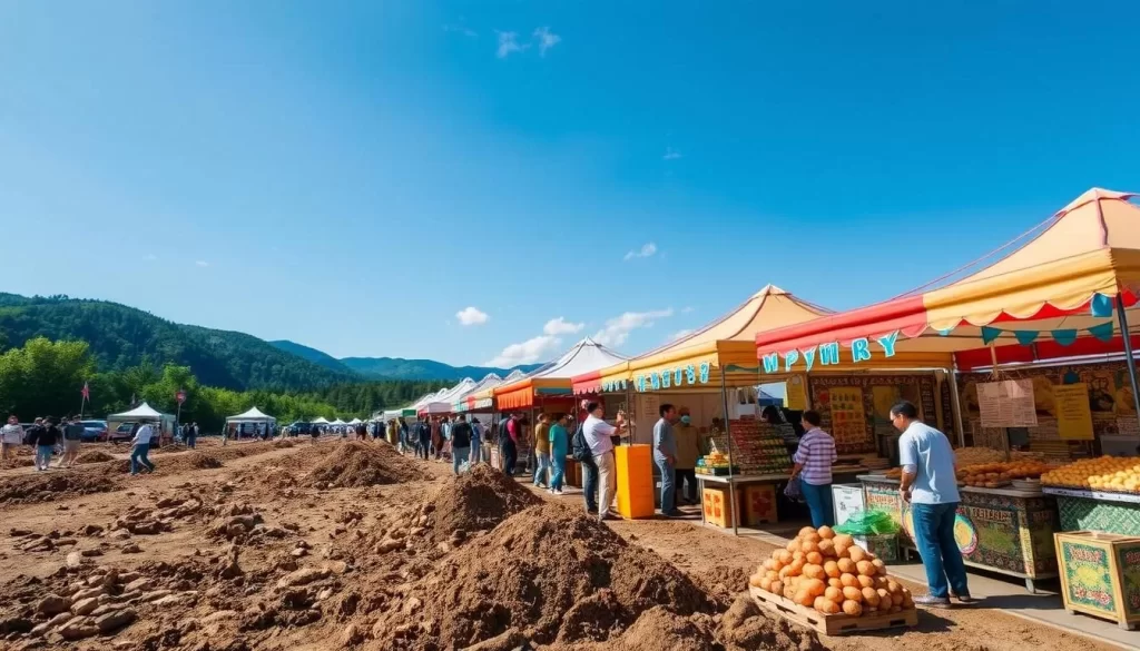Generate an image of the Kurimoto Furusato Sweet Potato Festival, featuring the sweet potato digging experience and local vendors.