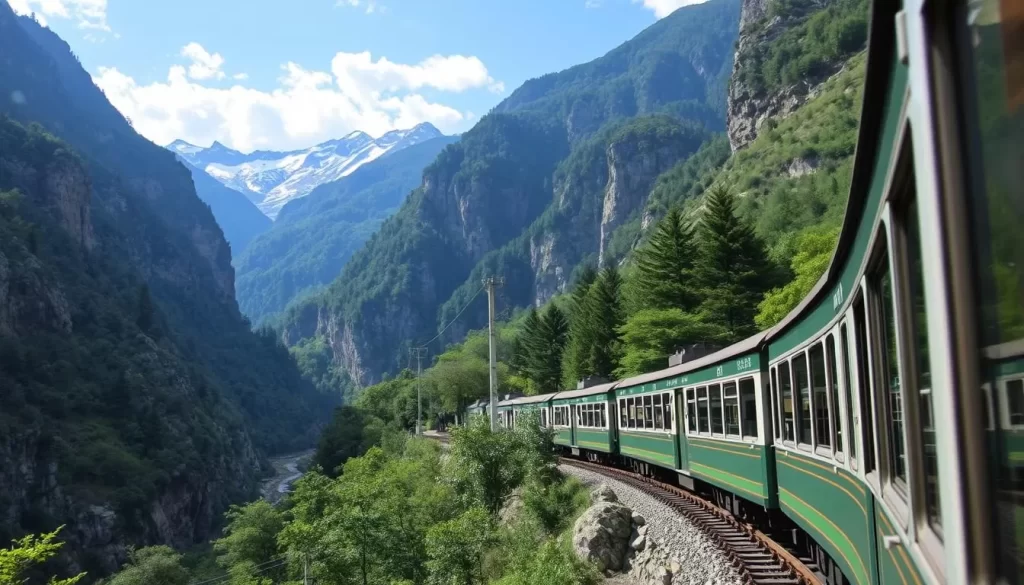 Generate an image of the Kurobe Gorge Railway with its open-air carriages and scenic mountain views.