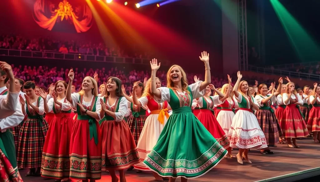 Generate an image of the Latvian Song and Dance Festival with thousands of performers in colorful folk costumes singing and dancing on a large stage.