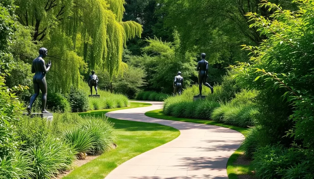 Generate an image of the Leo Mol Sculpture Garden's serene walking paths lined with bronze sculptures amidst lush greenery.