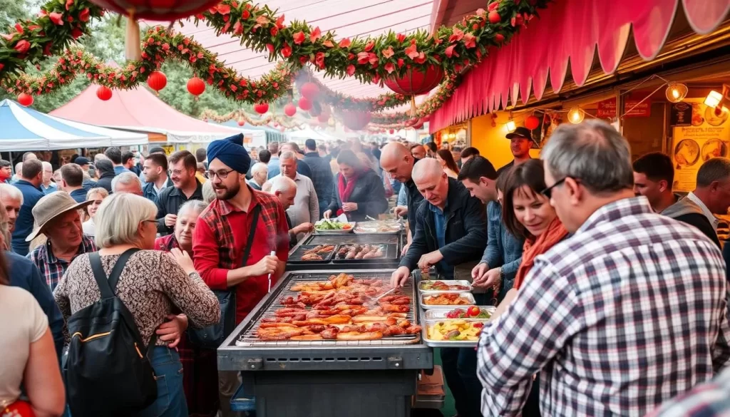 Generate an image of the Leskovac Grill Festival with people enjoying grilled meat and local delicacies.