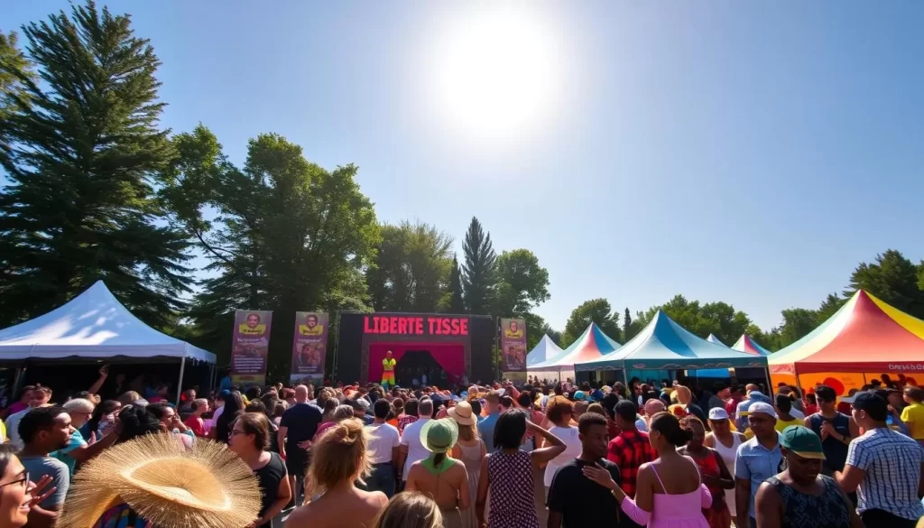 Generate an image of the Liberté Métisse festival grounds at Etang-Salé, with a vibrant crowd enjoying music and dance performances under the sun.